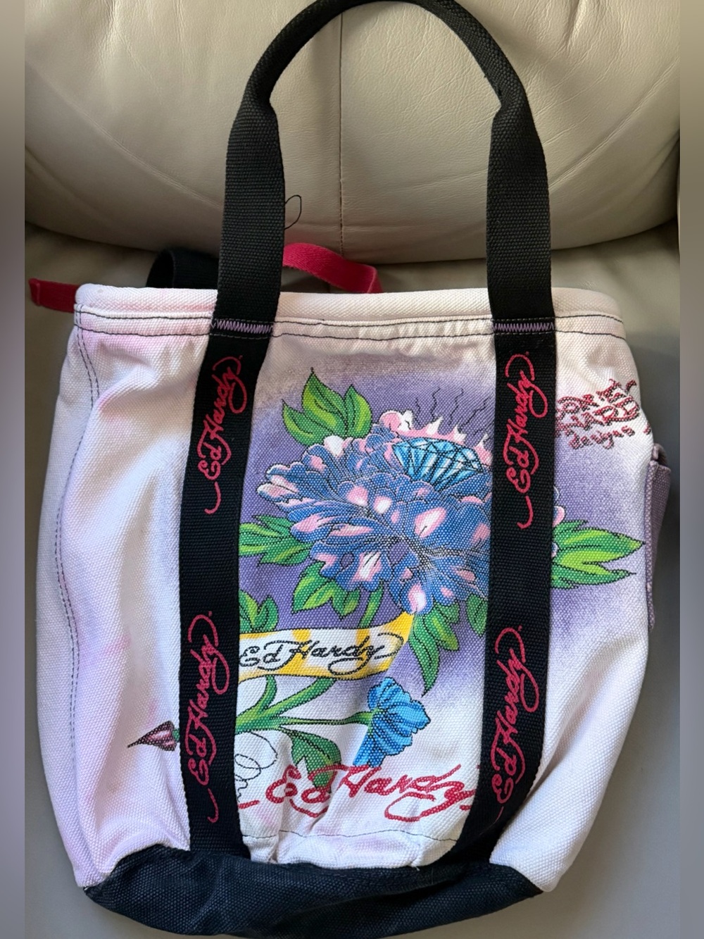 Ed Hardy Pink and Purple Floral Canvas Tote with Black Straps